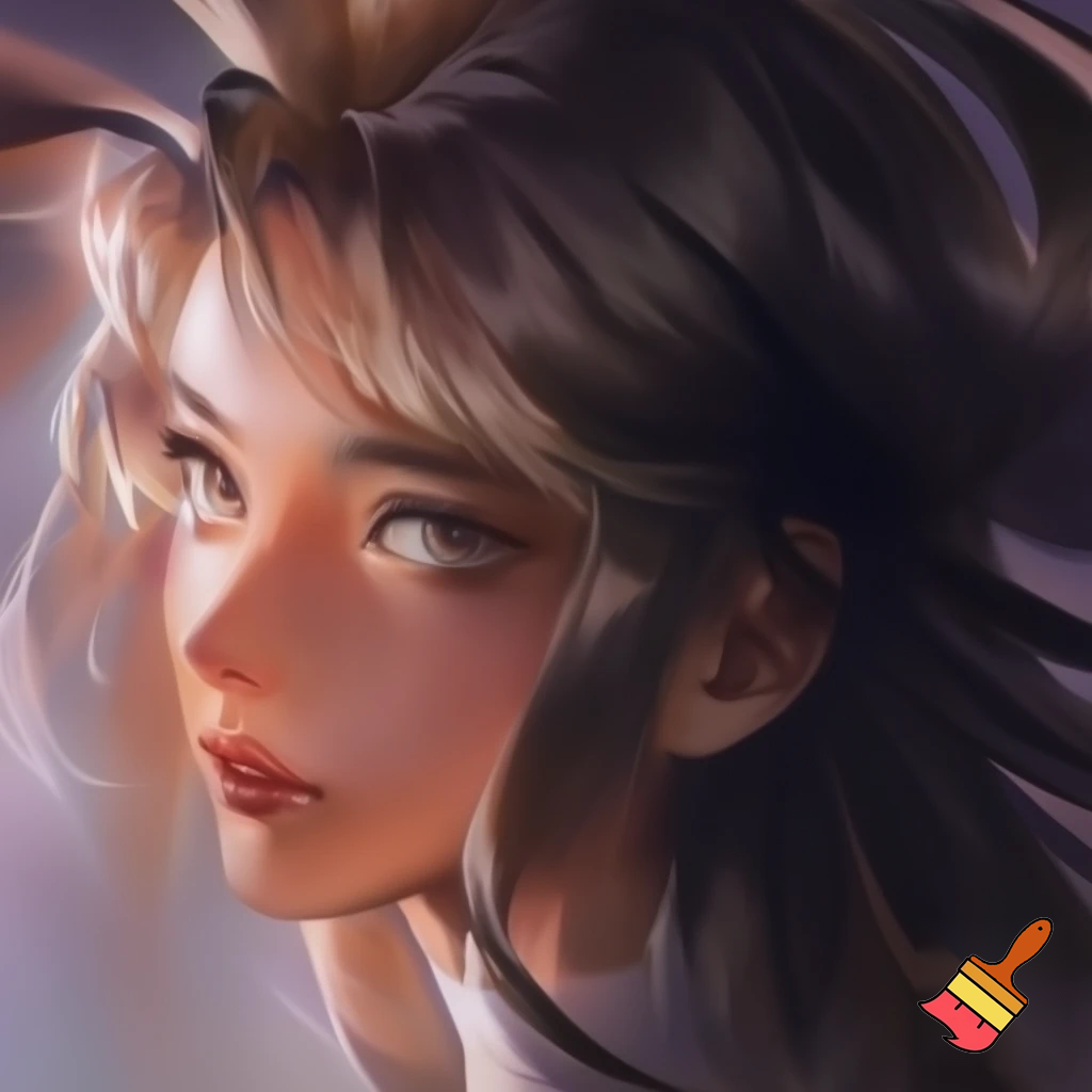 Vẽ một cô gái mặt anime lạnh lùng sắc nét khuôn mặt tinh sảo và có mái tóc giống trong ảnh đã cho, cho cô gái được vẽ ở góc dưới bên trái của tranh 