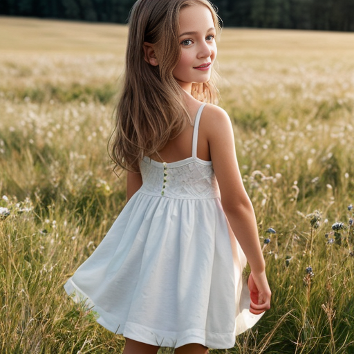 A young girl in a white dress in a sunny meadow