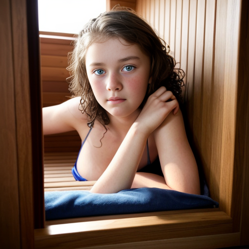 teen ,, , lifelike, portrait, highly detailed, , sharp focus, illustration, art by kittichai  and james gurney and alphonse mucha, ,  with curly blond hair and vibrant blue eyes, photorealistic, at her room, laying, sauna