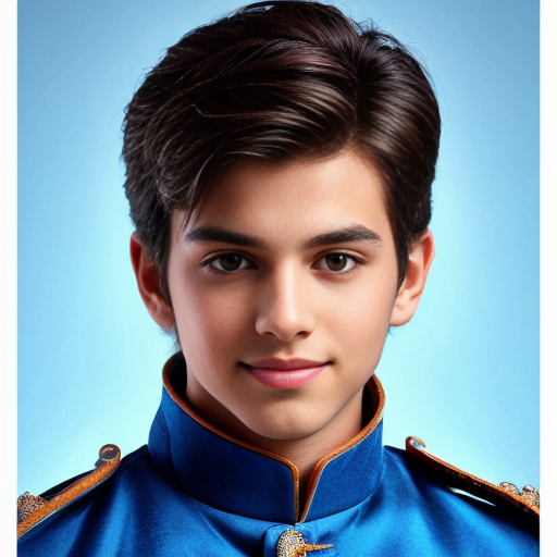 A sexy, handsome, cute, adorable, beautiful prince wearing blue, and has a smooth face, and has beautiful brown hair 