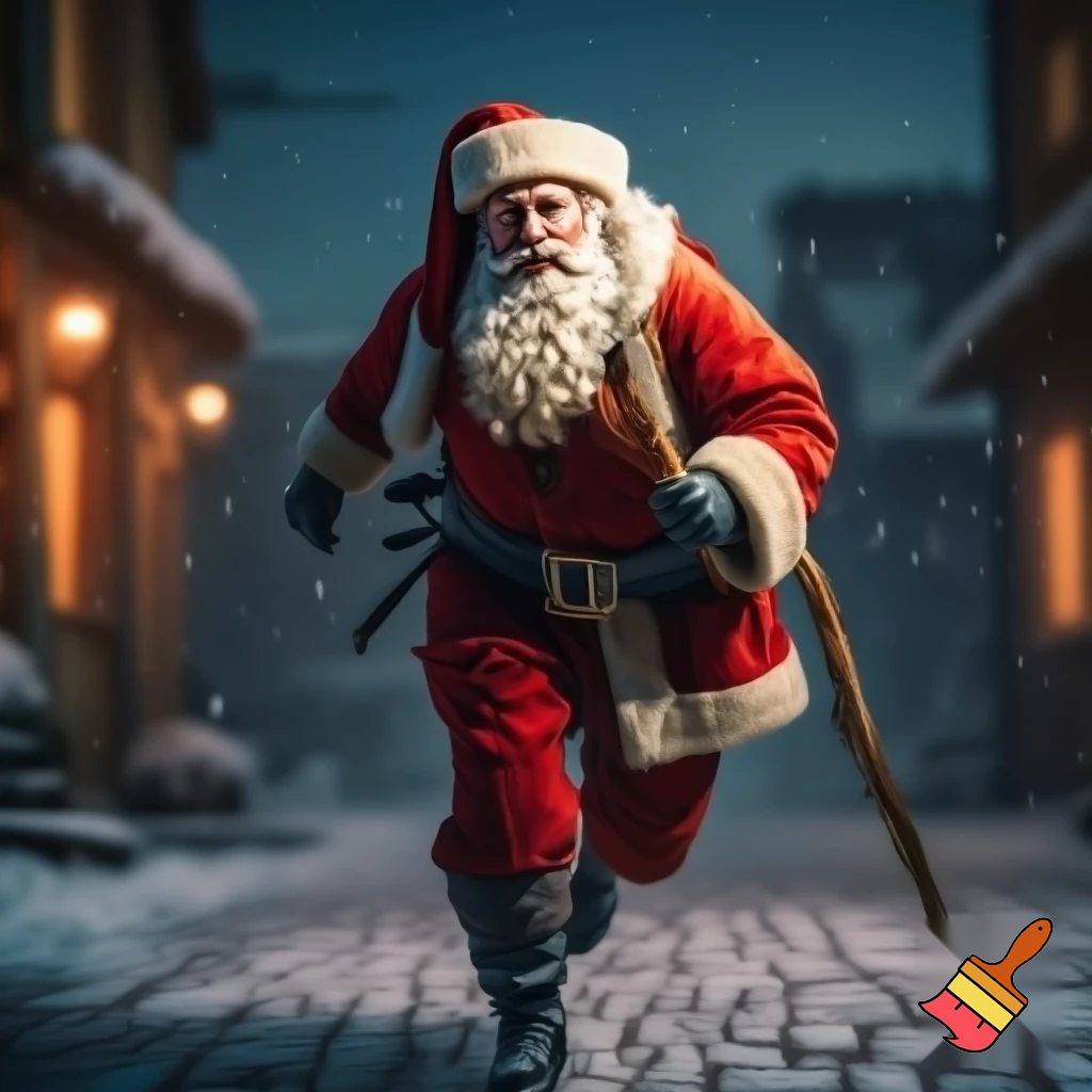 Santa Claus running with the walking stick