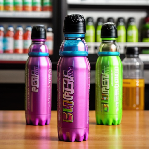 an energy drink bottle for boosterade  the bottle is blue yellow and pink
