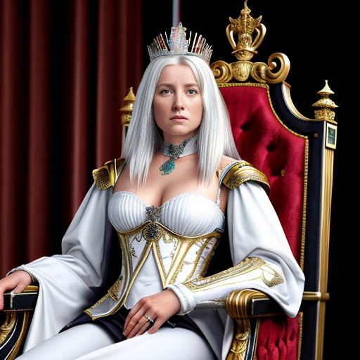 Tall, white-haired Queen of Poland in armor sitting on a throne