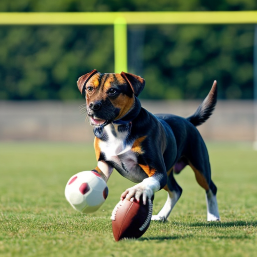 a dog playing football
