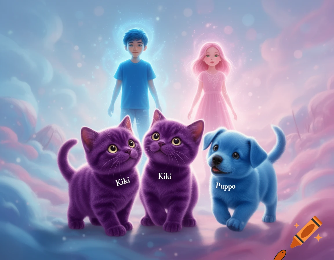 Hi, everyone! hello, purple Kiki kitten! morning, blue Puppo puppy! ah! why are there two purple Kiki kittens? Leo's colour is blue when he was a boy and Lea's colour is pink when she was a girl did a spell on me!