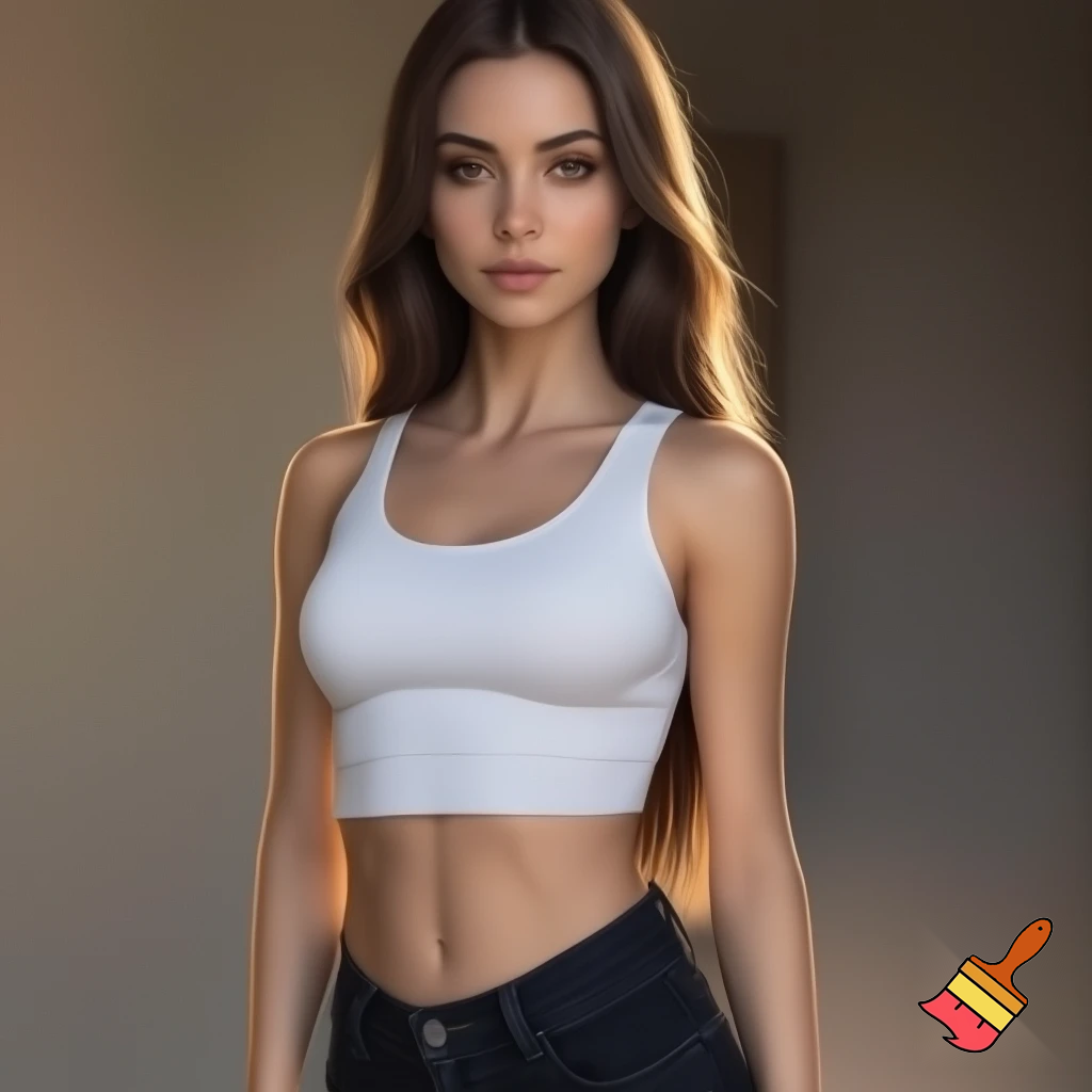 Photorealistic portrait of a blonde woman, approximately 22 years old, with long legs and athletic figure. She has long, naturally flowing dark blonde hair, oval face, almond-shaped haselnut brown eyes, average eye spacing, slim straight nose, naturally full lips, soft facial features, harmonious proportion, big boobies and delicate, harmonious facial features. Her overall presence is confident, natural, and modern.  Natural daylight. white croptop, black jeans.