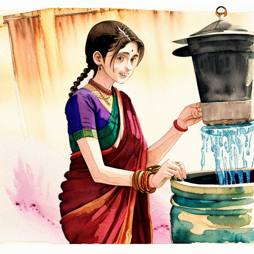 Studio Ghibli style watercolor 1990s rural Tamil Nadu village,
same mother character (28 yo, maroon cotton saree with jasmine braid),
drawing water from village well, brass pot, golden morning light, dust