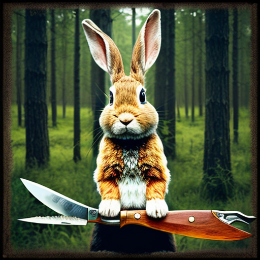 European rabbit, holding knife, forest, evil
