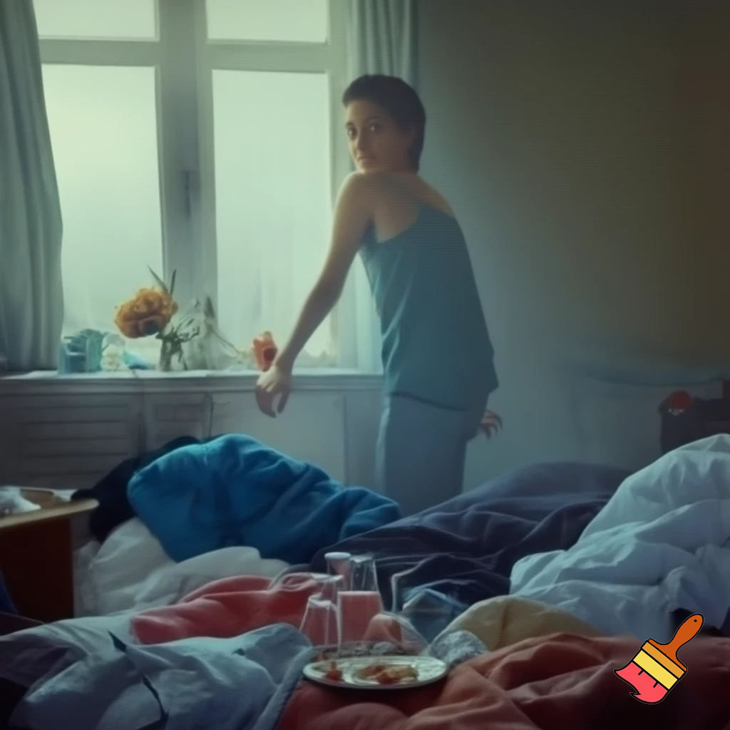 „A messy bedroom in the early morning, weak cool daylight coming through the window. A frustrated person stands or sits in the room, looking annoyed at many small disturbing details: a half‑wilted bouquet of flowers, several empty glasses from the night before, remains of a eaten compote on a plate, clothes and everyday objects lying around in disarray. Mood: sobering, slightly depressing, plain morning atmosphere. Realistic, natural style, subtle colors, photorealistic lighting.“ Make it Format 1:1