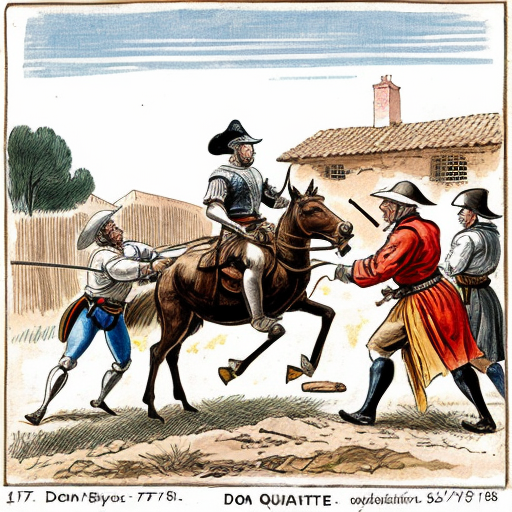 Illustration of a scene from Don Quixote, Scene 7.
A muleteer (arriero) punching Don Quixote.
Don Quixote falling to the ground, armor damaged.
Sancho Panza nearby, shocked and worried.
Old Spanish inn in the background.
Action scene but educational, not violent.
Classic book illustration style, 17th century Spain.
Soft colors, hand-drawn, clear composition.



