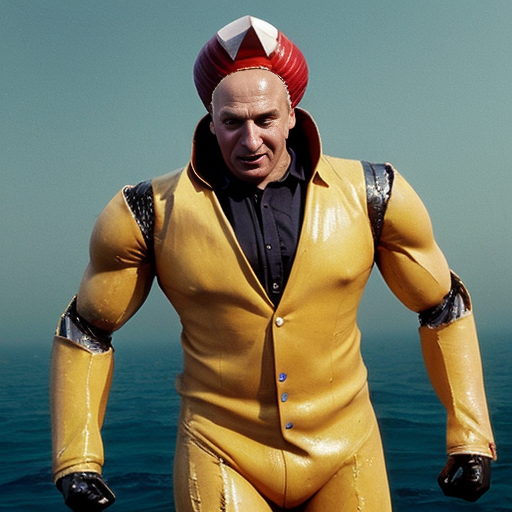 peux tu générer un homme requin humanoïde  qui porte un costume jaune abimé. Ses bras portent  des ailerons de requins. Il est musclé et à l'air méchant. Il porte un chapka russe sur la tête. 
Représente le de plein pied et insiste sur son côté requin terrifiant.
