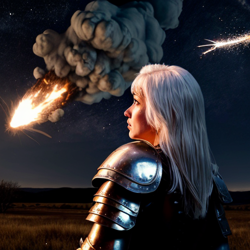 young white-haired woman in armor watches as meteorites fall on her castle