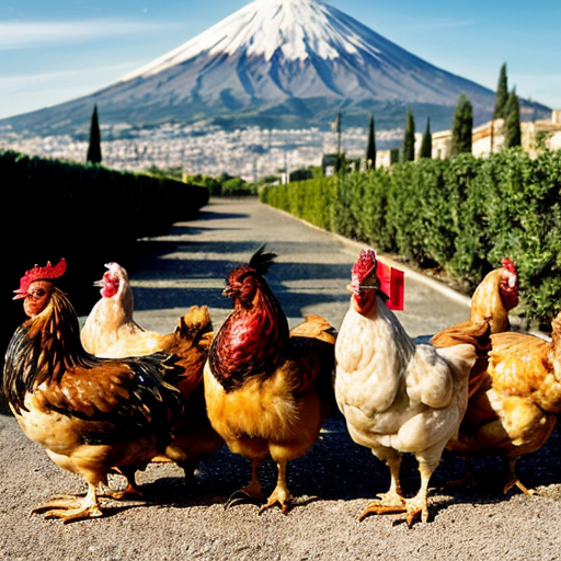 Crea un immagine che contenga un gruppo di galline, in centro a Catania e sullo sfondo l'Etna. Il tutto deve essere circondata da fichi d'india e arance
