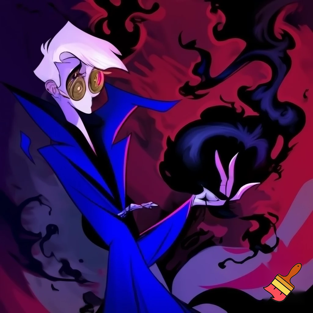 A tall, lean pale man with white hair, distinctive round brass glasses he has a stern look on his face. his face In cartoonish art style of hazbin hotel wearing his signature blue overcoat with black sinister smoke curling around him his hand reaching out, producing the black sinister smoke
