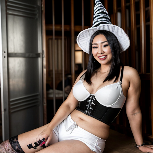 UHD HDR cinematic masterpiece before and after photo depicting the massive weightgain and feederism, in the before photo set inside a Witch's cottage made entirely of donuts are two characters, In the background is a large Metal cage that takes up the entire corner of the room and inside the cage is a Young Fat White Man with a beer belly who is sitting on the floor inside the cage and eating donuts, in the foreground is a Beautiful skinny-waisted and hyper-Buxom Asian Female with brilliant expressive eyes and full lips and she is smiling aggressively toothy grin asif crazed wild and eccentric, the skinny Buxom Asian Female has dark shadowy makeup and black lipstick and black eye liner and she is wearing a very small Witch hat and a lowcut black corset that shows her tight abs midriff and a black mini skirt and very tall stiletto heels. in the after photo inside the Witchs cottage made of donuts, in the background inside is the large metal cage that takes up the entire corner of the room is the young Fat White Man who is now immobile FAT morbidly-obese and sitting on the ground, his massive fat dunlop-belly and thighs and arms are bulging against the metal bars of the cage because he is now so fat, thr young Fat White Man is continuing to eat donuts unaware, in the foreground the is the beautiful skinny-waist hyper-Buxom Asian Female wearing the same outfit from the before picture, her beautiful eyes and full lips are expressing surprise and shock with her mouth open wide and her jaw dropped, her eyes are round asif in disbelief, Another character is standing in the foreground next to the Asian Female and this character is a beautiful skinny-waist and hyper-Buxom Blonde Female with a high ponytail and she is smiling aggressively toothy grin asif crazed expression and she is holding a small bag of flour that says "Extreme Weightgain Powder", the Blonde Female is wearing a white lowcut corset showing her abs midriff and matching white short shorts and she is saying "Wow. So how do we get him out? hahaha"