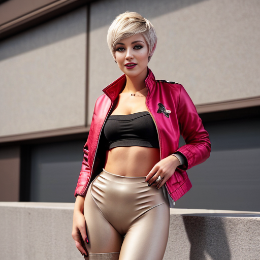 Attractive woman with an ash blonde pixie cut and a slim build wearing bold makeup wearing a cropped jacket, a bandeau top, cigarette pants and peep toe chunky heels 