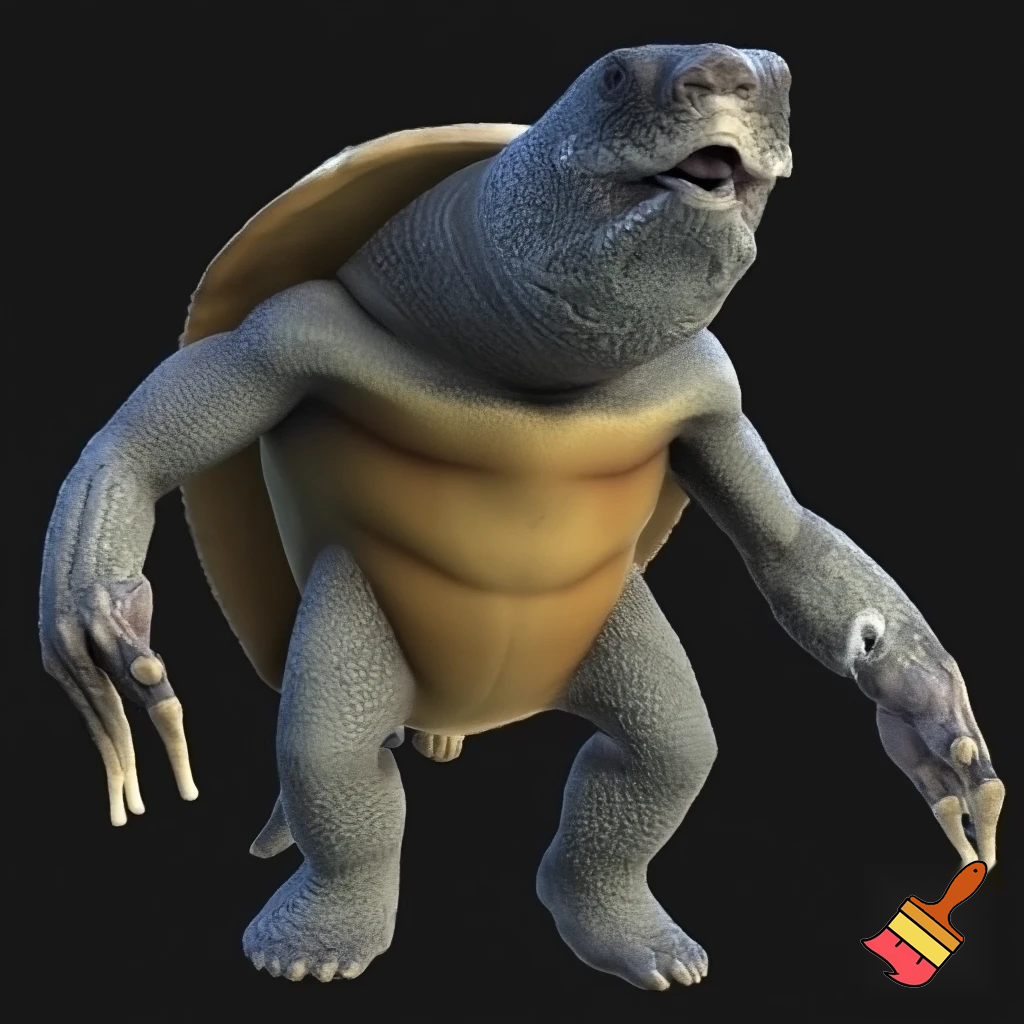 A tall humanoid leatherback turtle with webbed fingers 
