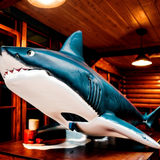 Make a shark with blue jordans in a big wood cabin called "The Tung tung Inn"