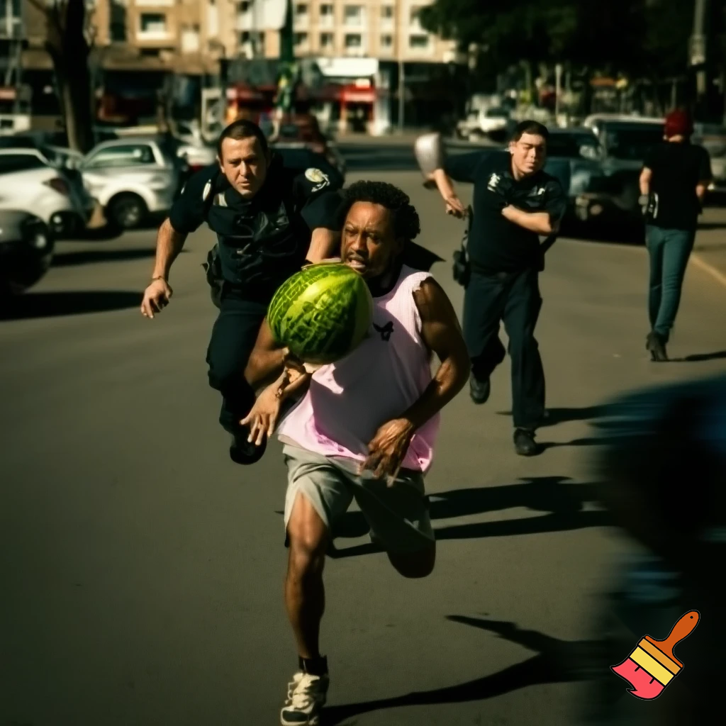 black guy running from cops with stolen watermelon