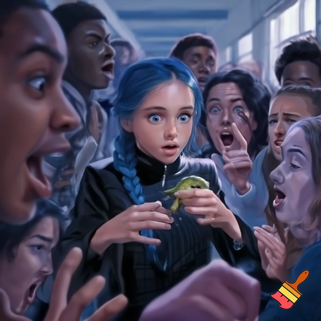 girl with blue braid and has a black jacket with blue eyes holding a frog all the people are looking at the frog scared at shcool the people opened there jaw