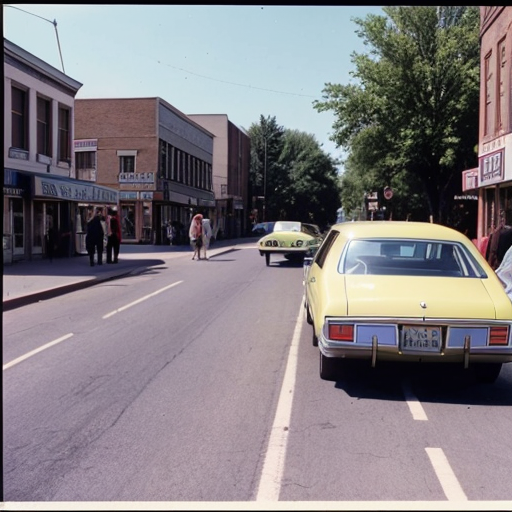 vintage vhs film tape video of a 1970s town with 1970s cars moving in it and 1970s people walking on the side walks