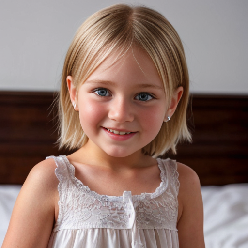 finnish little girl sisters at night dress, very beautiful and eager, on the bedroom, short blonde hair, close up