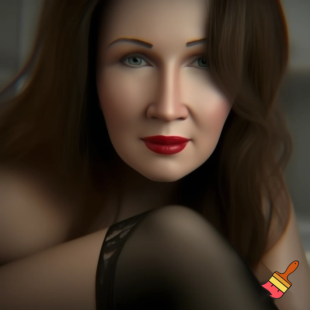 A very curvaceous mature woman with long, wavy brown hair, wearing black hold-up stockings. 