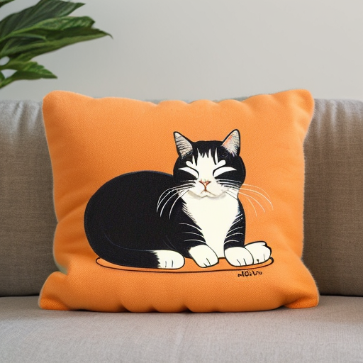 A fluffy orange cat sleeping on a soft cushion, peaceful expression, warm cosy colours in cartoon style