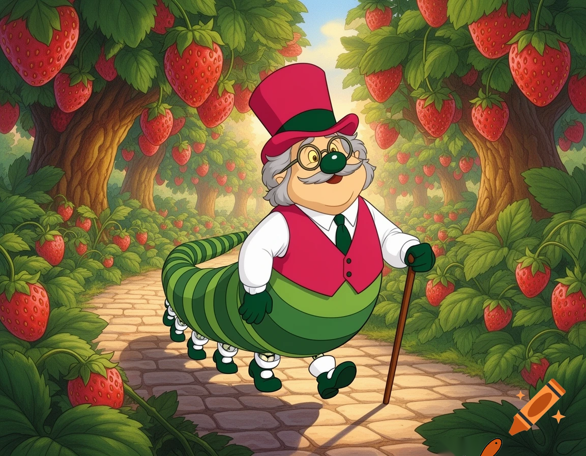 A scene from a 1980's animated Don Bluth movie of a portly elderly green striped caterpillar with a long face, light yellow eyes, a round dark green nose, round droopy cheeks, light gray sideburns, a bushy light gray moustache, & ten legs, wearing a pair of thick round glasses on his nose, a carnation-red top-hat with a dark green band, a carnation-red vest, a white collared undershirt with long sleeves, a dark-green necktie, dark-green gloves, dark-green oxford shoes with white spats, & carrying a brown walking cane as he trots down a pathway through a giant strawberry patch on a sunny day.
