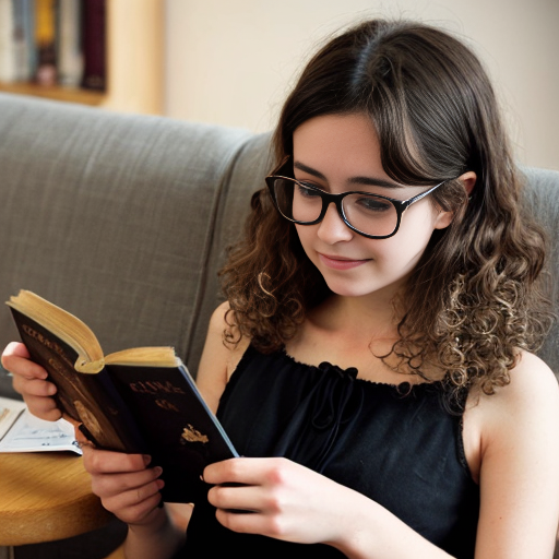 Wygeneruj dziewczynę czytającą książkę albo mangę. Dziewczyna ma brązowe, kręcone włosy do ramion i czarne okulary i bluzę (czarną albo szarą). Pije herbatę albo kawę. Może mieć luk. W tle jest magia. Obok niej siedzi fretka 