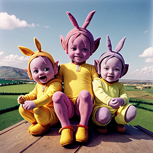 Teletubbies in 1997 sitting on top of their house
