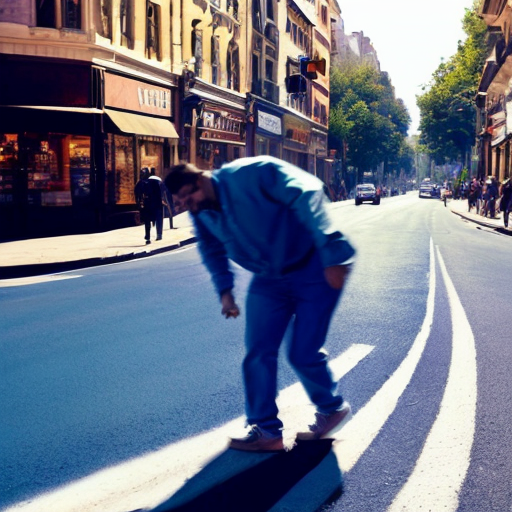 i want a man drawing with blue color high in a centrl road with a car almost to hit him and people doing their shops and making fun of him
