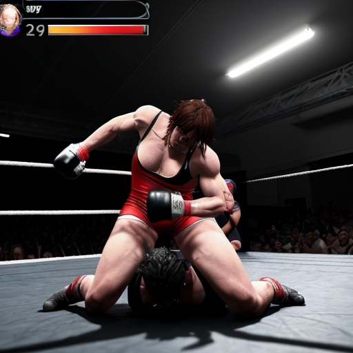 Generate an image of a curvy Queen Marika (from elden ring) getting defeated in a wrestling fight by king from the tekken serie