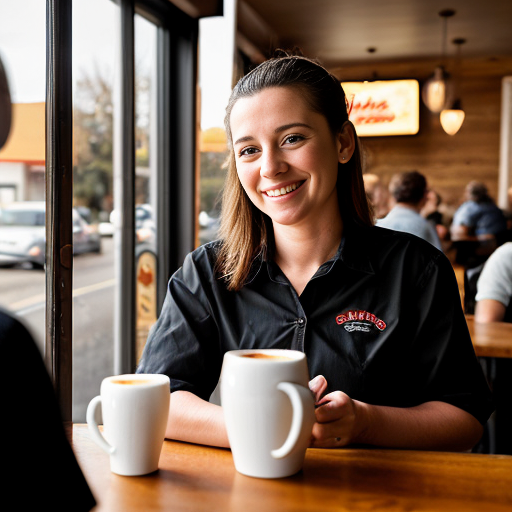 A small roadside diner. A beautiful waitress leans over to pour coffee into a customer's cup at a table. The waitress smiles. Photorealistic. 9x16