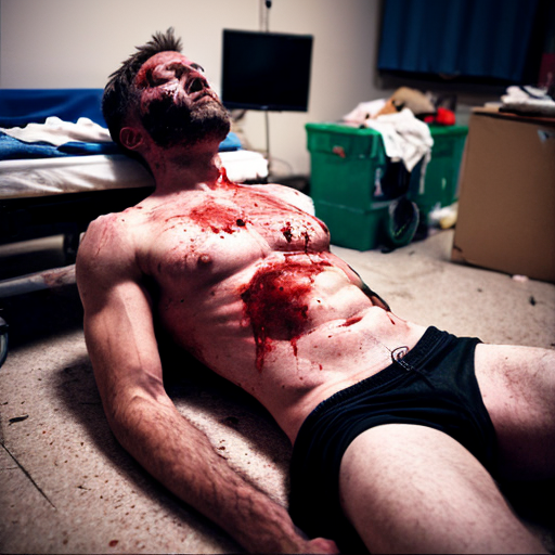 shirtless random man (neighbor, not everyone has 6 pack.), face are hiding by shirt, died already, chest are open wounded circle, blood everywhere, eye closed, floor (on random place like empty place) on corpse body.