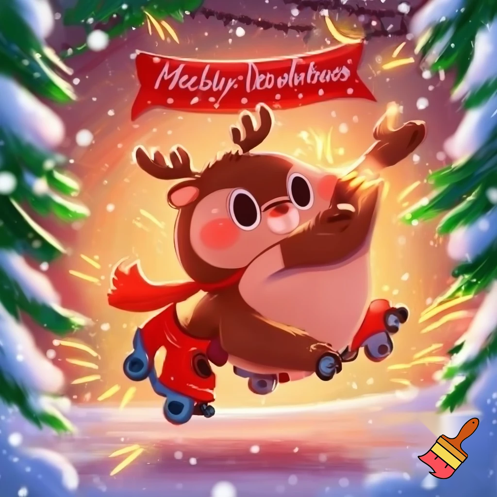Cc.  crea ’illustrazione in stile disegno/cartoon, pensata per bambini, con: una renna simpatica che indossa pattini a rotelle atmosfera natalizia (neve, lucine, colori caldi) stile dolce, allegro e giocoso scritta ben leggibile “Buon Natale!