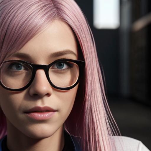 pink haired girl with blue glasses


