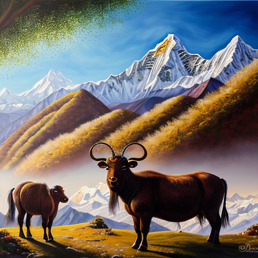 “A realistic painting of the Nepal Himalayas, featuring a yak and chyangba in traditional style, vivid colors, sunlight highlighting the mountains, ultra-detailed, 100% hand-painted look, professional digital painting style