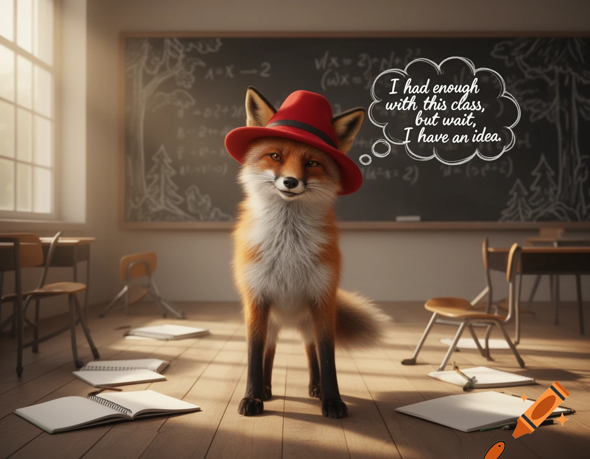 the fox with a red hat says i had enife with this class but wiat i have an idea
