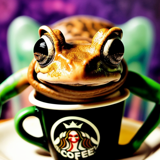 A hillarious, funny boho toad with some hippie colored coffee cups. Psychedelic decorated background, hyperrealistic. Close-up view.