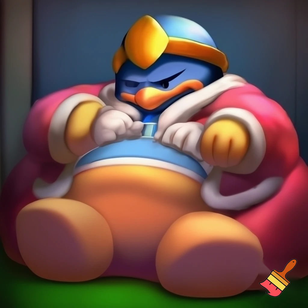 King dedede with both hands on bloated belly sitting on a bean bag Looking down  at his belly with a sad face