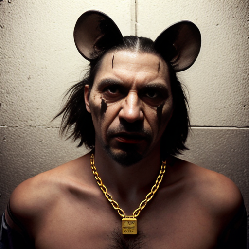  rat, evil, sinister, wearing prison outfit, mugshot style, gold chain
