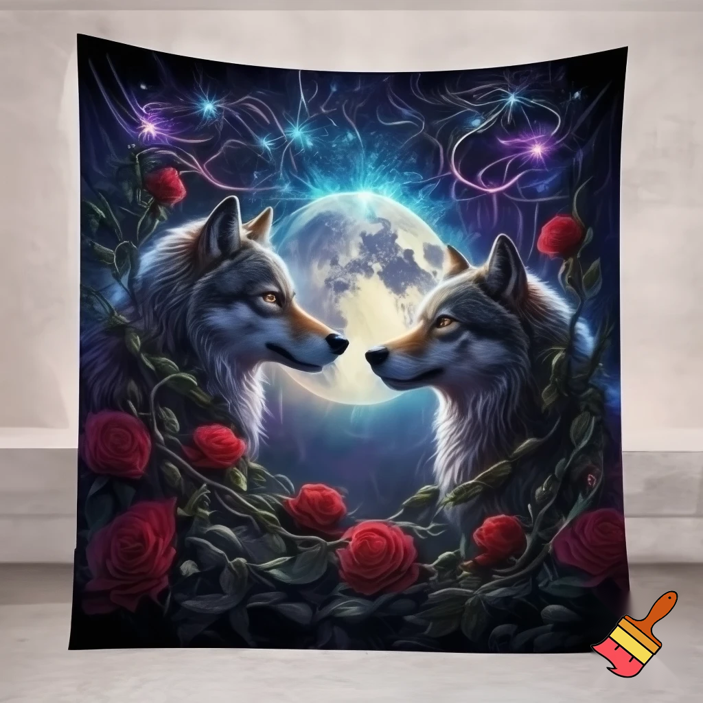 Mystical illustration for a 50x60 inch blanket, featuring two wolves facing each other under a glowing full moon, surrounded by roses, vines, stars, and celestial symbols; filling the entire space to the edges. No borders or frames.