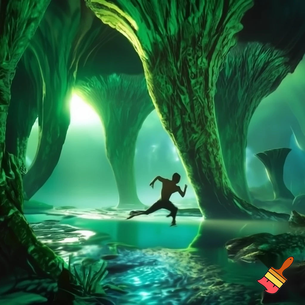 First glimpse of alien paradise — huge engineered trees humming, shimmering transparent rivers, empty paradise with no fauna, human-like figure rising above ground mid-leap (unexpected anti-gravity), dynamic motion blur, sunlight flares, cinematic wide shot, vivid greens and turquoise, high detail.

Settings / Steps:

Aspect ratio 16:9.

motion : levitating naked male muscular humanoid figuire

Lighting: intense backlight with rim highlights on foliage.

Keep environment lush but eerily empty.


Negative prompt: crowded scene, animals, text, low detail, childish style

Variations: quiet close-up on hand touching tree that hums, leaf-scale macro.
