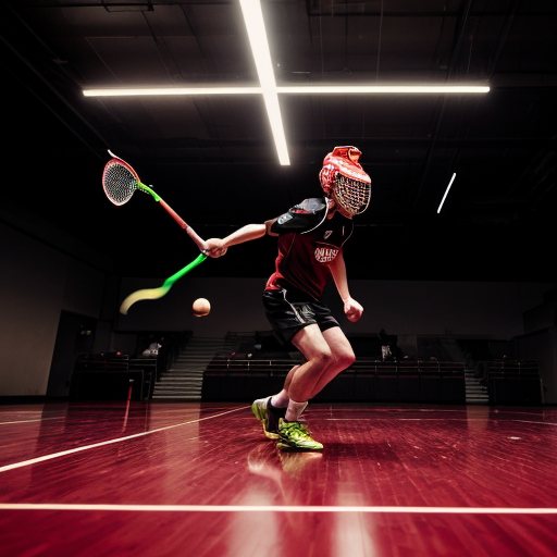 Dynamic action shot of a professional floorball player shooting with the "RAGE STRIKE PRO" stick. Motion blur on the ball, aggressive posture, arena lights glowing in the background. Matte black carbon shaft with blood-red torn graphics clearly visible. Red lighting atmosphere, sweat particles in air, intense sports photography, shallow depth of field, high shutter speed effect, ultra-realistic, cinematic, 8K.