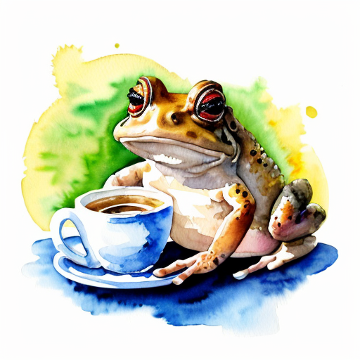 A hillarious, funny boho toad with some hippie colored coffee cups. Psychedelic decorated background.