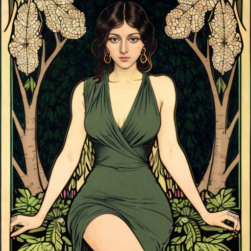 40 year old attractive olive skinned woman with the legs of a deer with hooves instead of human legs, yellow eye color with horizontal rectangular pupils,black mascara, green slightly sheer dress, forest setting mucha art style