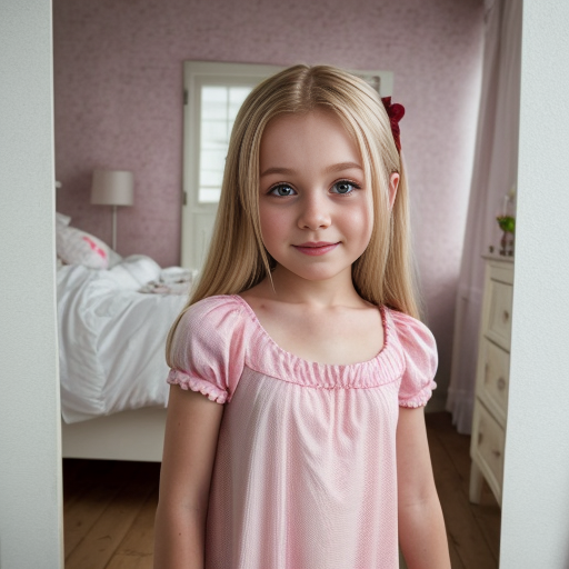 russian little girl, blonde long hair, nightdress, bedroom background