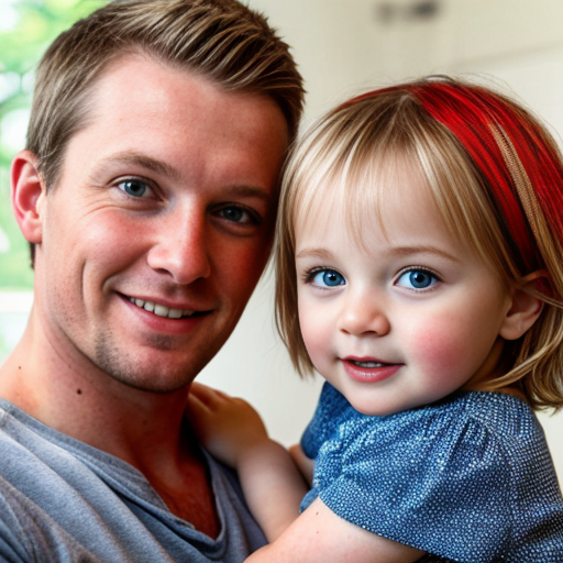 can you make a family photo with one three year old daughter, I'm the wife and mother and I have blonde hair and blue eyes, and add in a husband

