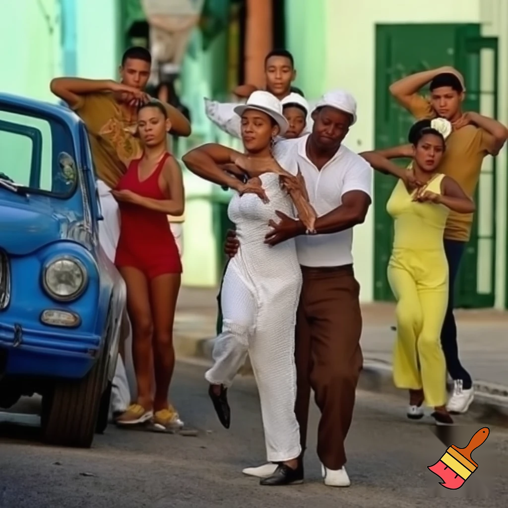 Crea tre coppie distanziate una coppia indietro di ballerini Cubani tre uomini e tre donne che ballano in coppia per strada. Le donne indossano minigonne e magliette in tinta unita. Gli uomini devono essere senza cappello. Sulla sinistra un'auto di colore celeste. Nessun passante presente.